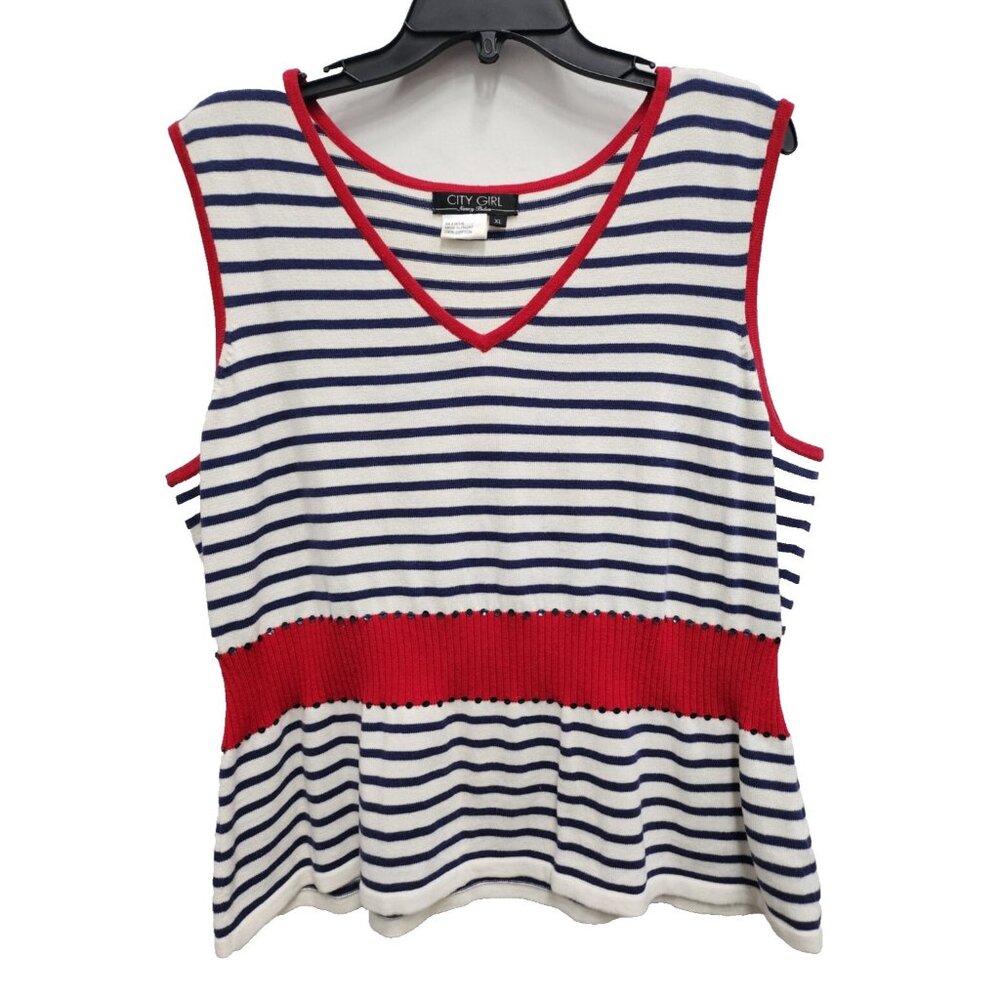 Vintage 90s City Girl Nancy Bolen Womens Tank Top XL‎ Navy White Striped Preppy